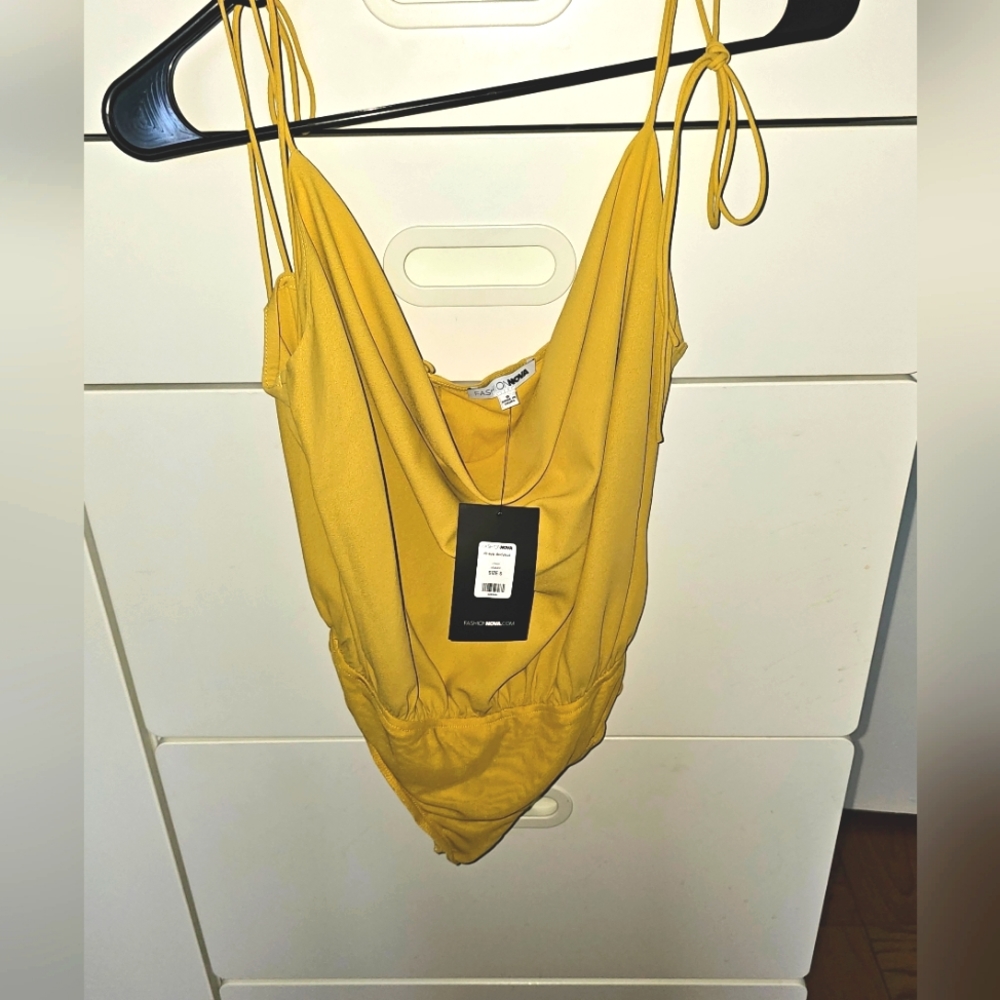 NWT shoulder tie mustard yellow body suit